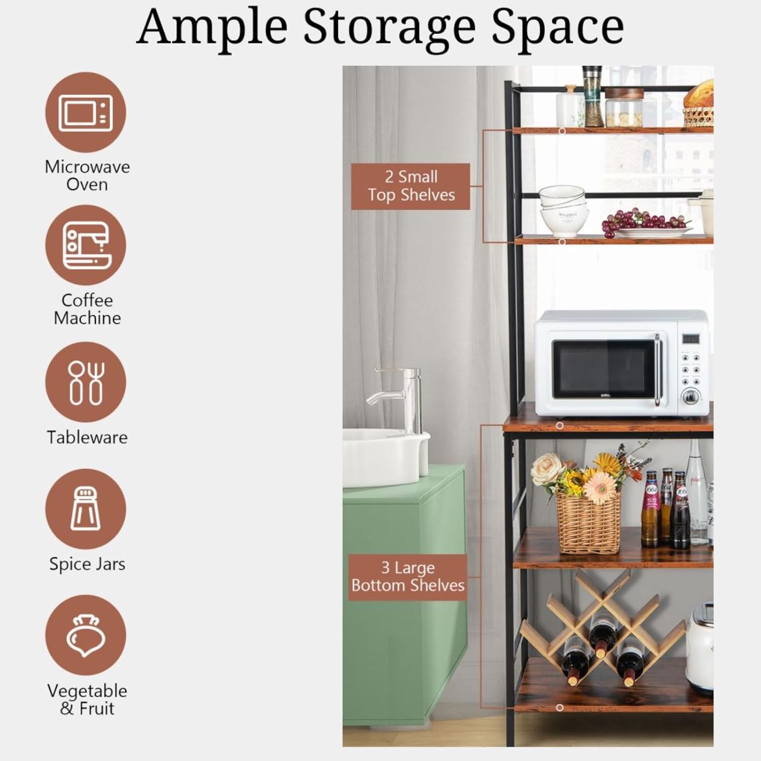 TANGZON 5-Tier Kitchen Baker's Rack, Freestanding Microwave Oven Stand with Wine Rack & Anti-Toppling Device, Metal Frame Utility Storage Shelf for Dining Living Room (No Wine Rack, 80x40x170cm)-3