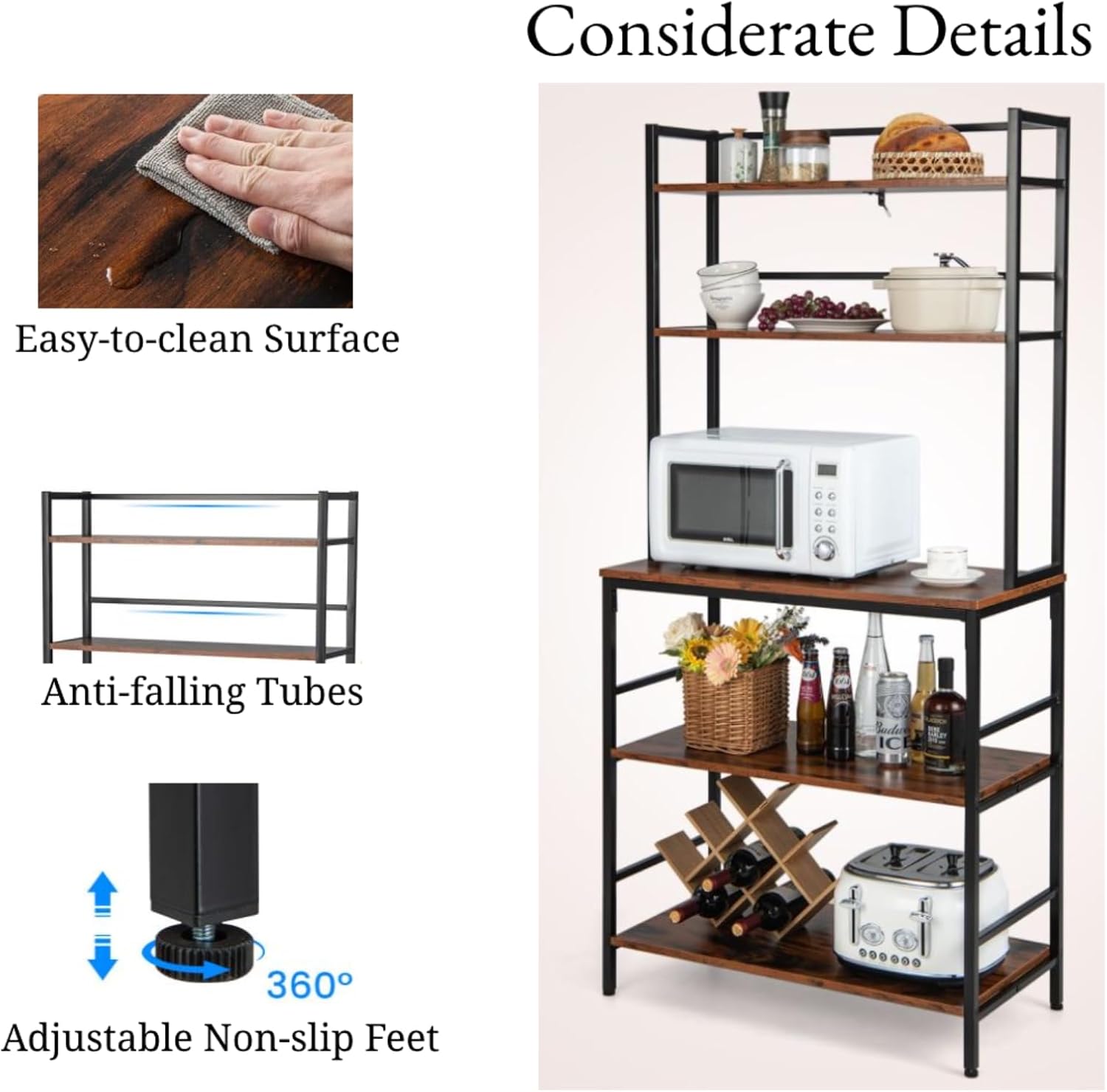 TANGZON 5-Tier Kitchen Baker's Rack, Freestanding Microwave Oven Stand with Wine Rack & Anti-Toppling Device, Metal Frame Utility Storage Shelf for Dining Living Room (No Wine Rack, 80x40x170cm)-4