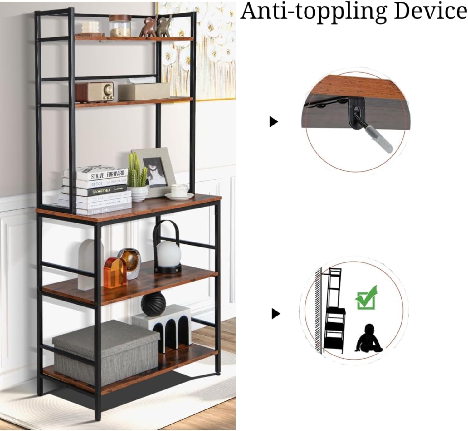 TANGZON 5-Tier Kitchen Baker's Rack, Freestanding Microwave Oven Stand with Wine Rack & Anti-Toppling Device, Metal Frame Utility Storage Shelf for Dining Living Room (No Wine Rack, 80x40x170cm)-5