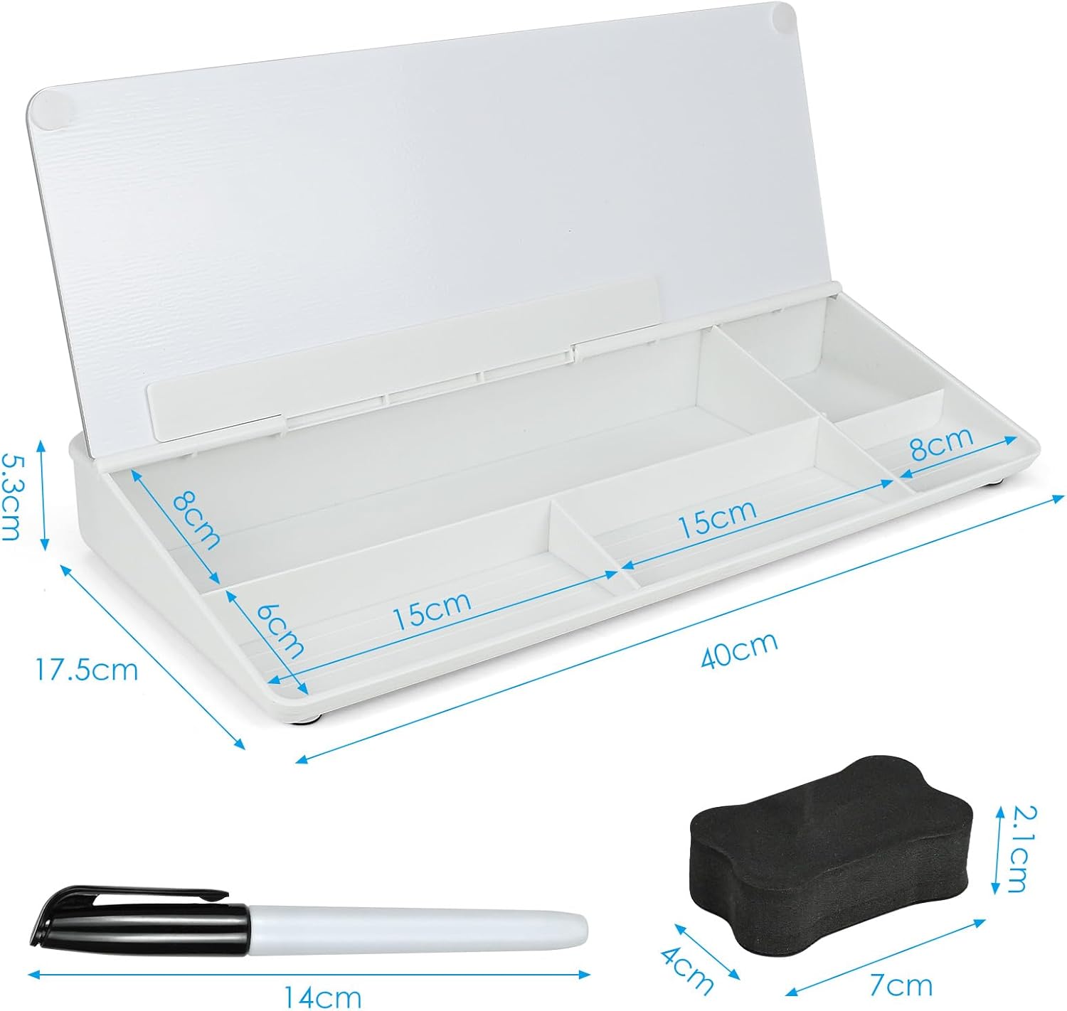 Desktop Glass Whiteboard, Dry Erase Desk Organizer, Small Desktop Memo Note Board, Keyboard Whiteboard Stand with Hidden Compartment and Device Slots for Office Accessories, Home, School Supplies-3