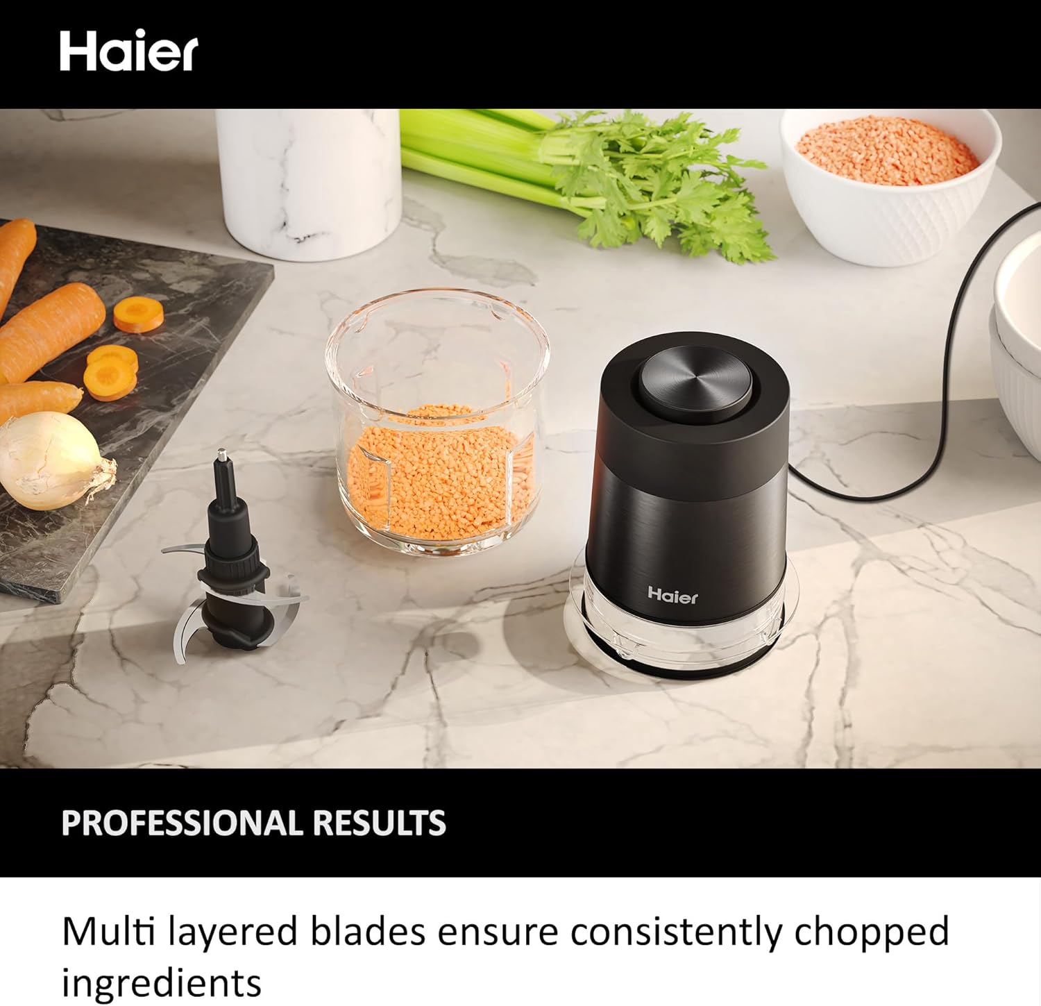 Haier Compact Food Processor, I-Master Series 5 with 2 Speeds, Double Power Blades, 0.5L Glass Bowl, Chopper, 550W, On App, Black [HCH5B1 S5]-1