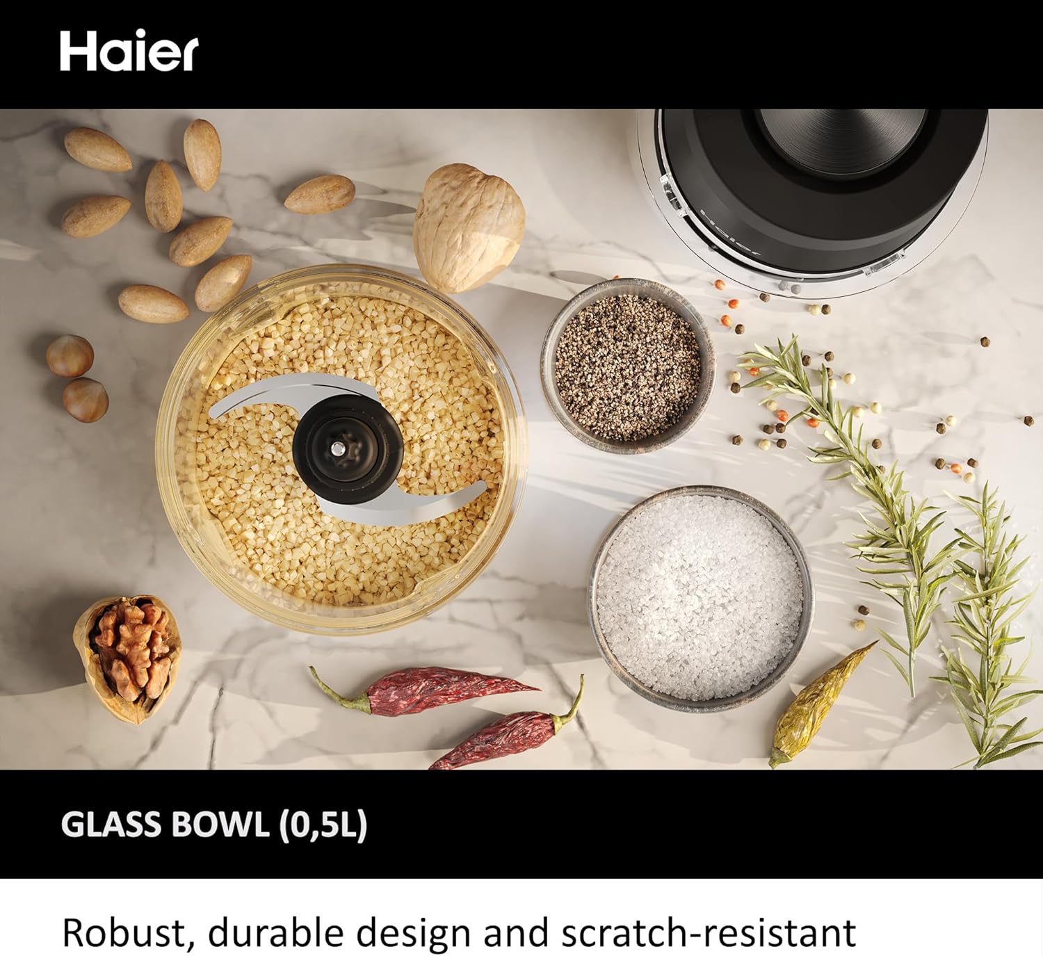 Haier Compact Food Processor, I-Master Series 5 with 2 Speeds, Double Power Blades, 0.5L Glass Bowl, Chopper, 550W, On App, Black [HCH5B1 S5]-3