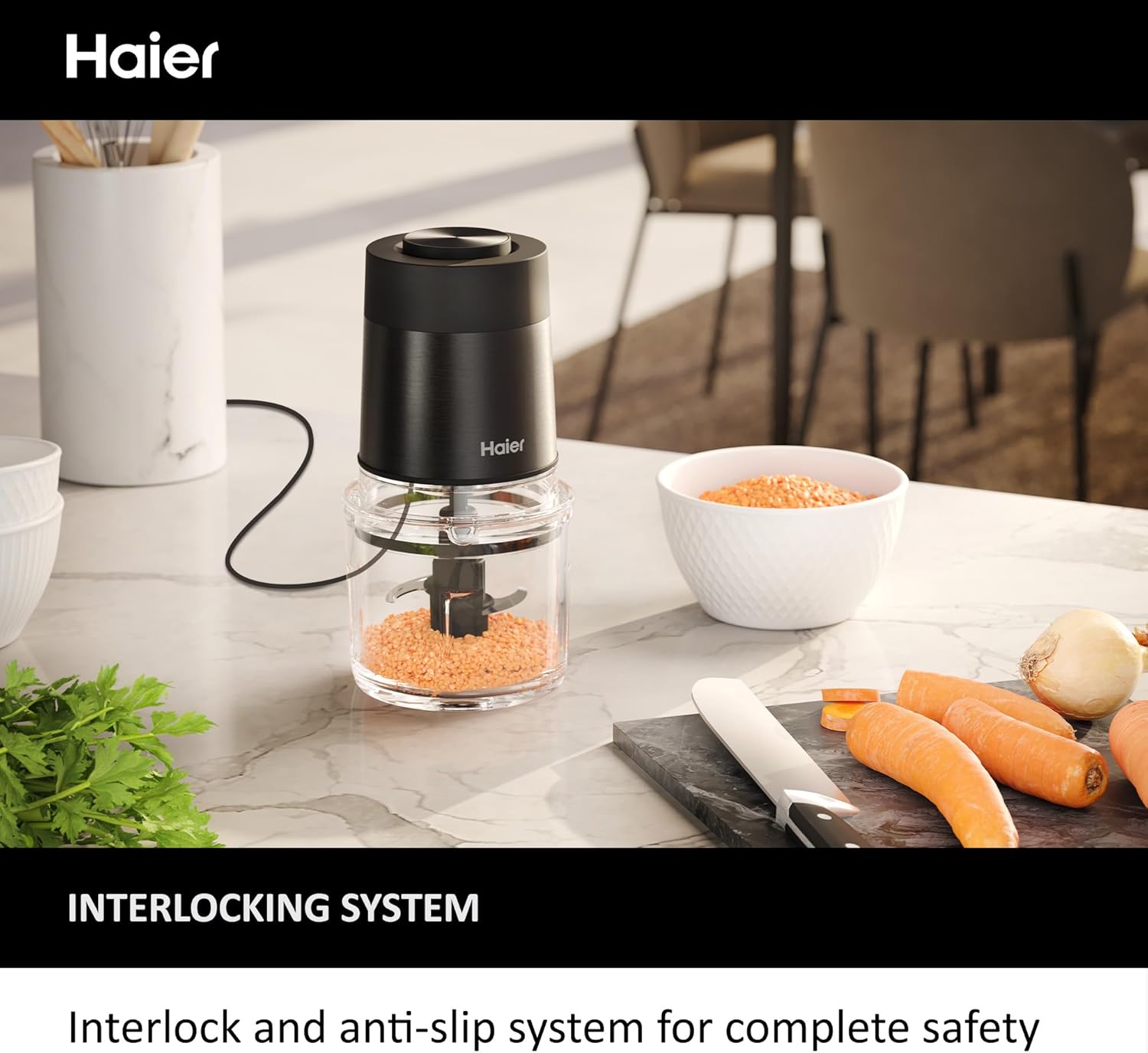 Haier Compact Food Processor, I-Master Series 5 with 2 Speeds, Double Power Blades, 0.5L Glass Bowl, Chopper, 550W, On App, Black [HCH5B1 S5]-5