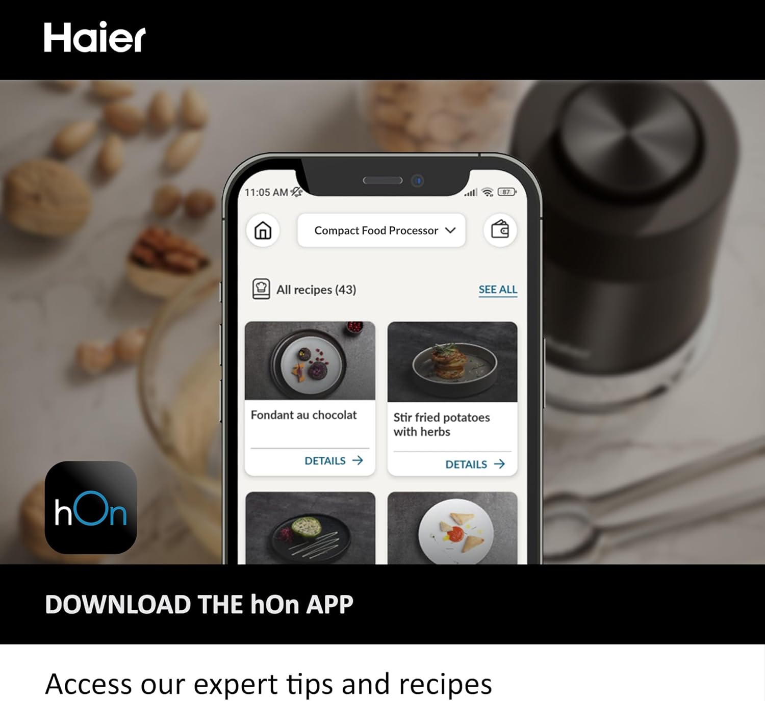 Haier Compact Food Processor, I-Master Series 5 with 2 Speeds, Double Power Blades, 0.5L Glass Bowl, Chopper, 550W, On App, Black [HCH5B1 S5]-6