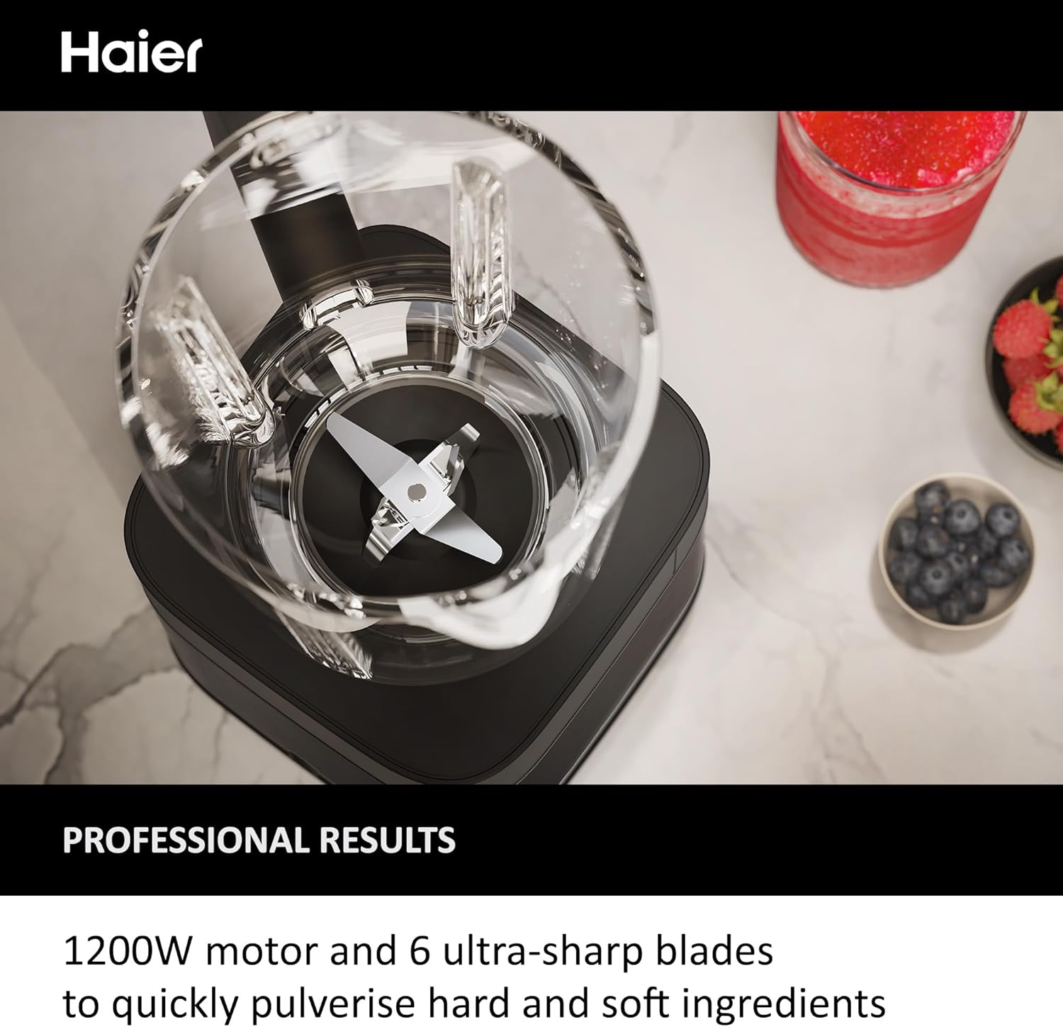 Haier Blender, I-Master Series 5 with 5 Variable Speeds, Ice Crusher, Smoothie Maker, Auto Clean, 1.7L Glass Jug, 0.6L Personal Jug, 1200W, On App, Black [HBL5B2 S5]-3