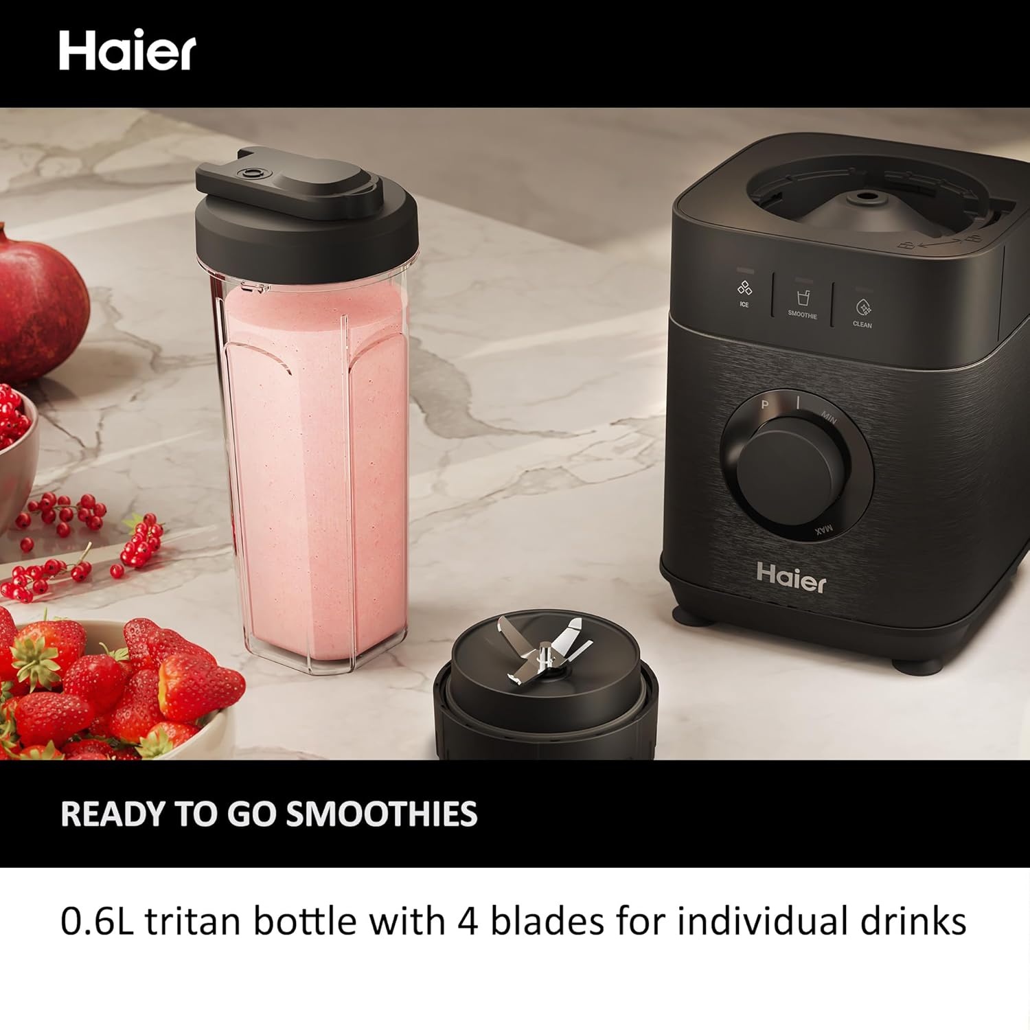 Haier Blender, I-Master Series 5 with 5 Variable Speeds, Ice Crusher, Smoothie Maker, Auto Clean, 1.7L Glass Jug, 0.6L Personal Jug, 1200W, On App, Black [HBL5B2 S5]-4