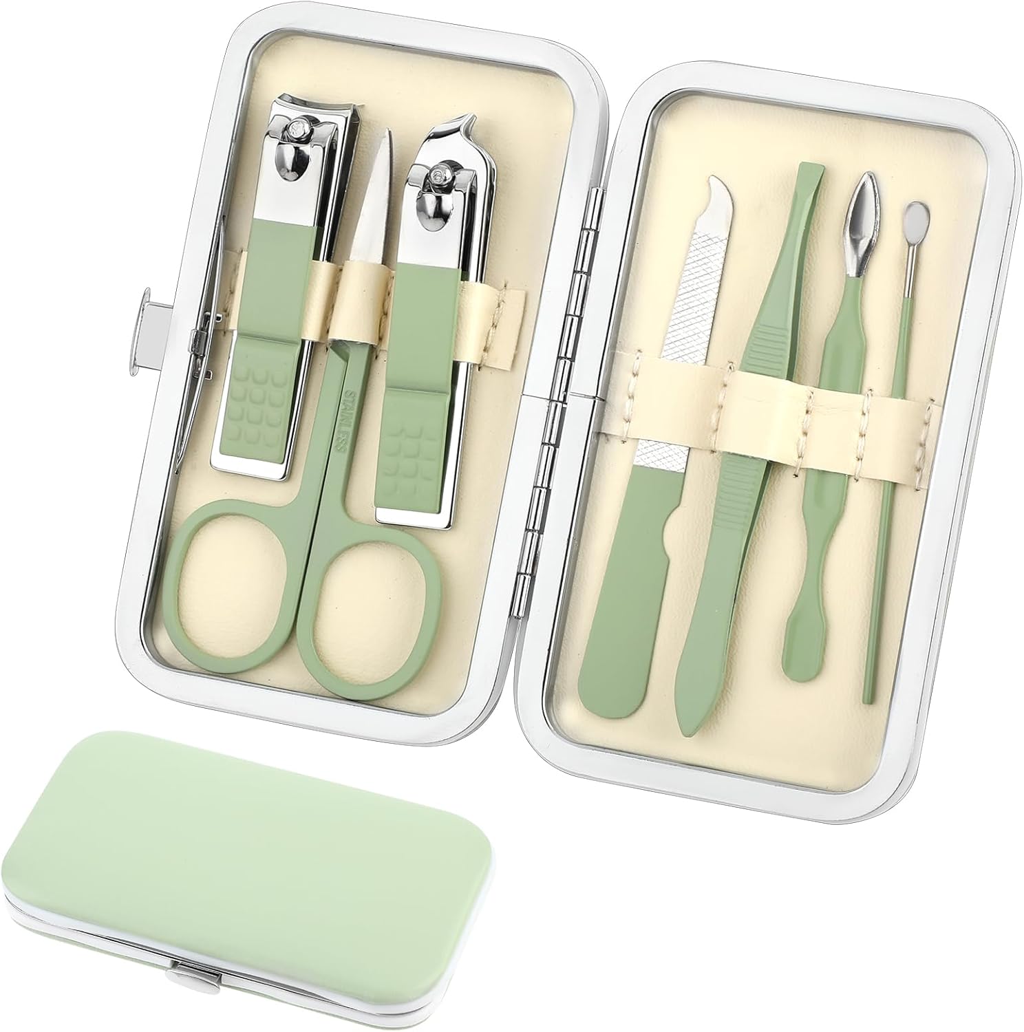 simarro Travel Manicure Set, 7 in 1 Manicure Pedicure Kit for Women, Stainless Steel Nail Clipper Personal Care Nail Tools Kit for Home Workplace Outdoor Travel(Matcha Green)-0