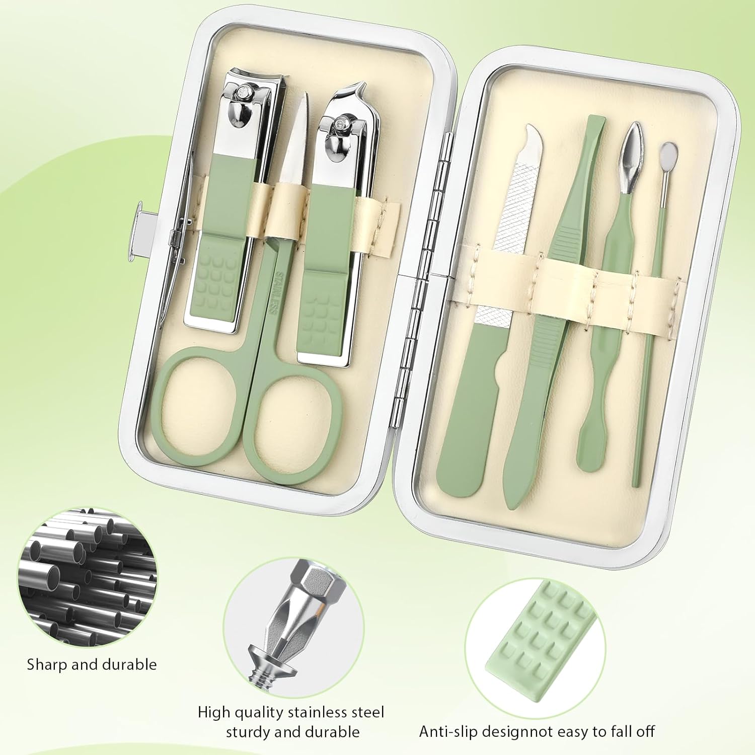 simarro Travel Manicure Set, 7 in 1 Manicure Pedicure Kit for Women, Stainless Steel Nail Clipper Personal Care Nail Tools Kit for Home Workplace Outdoor Travel(Matcha Green)-1