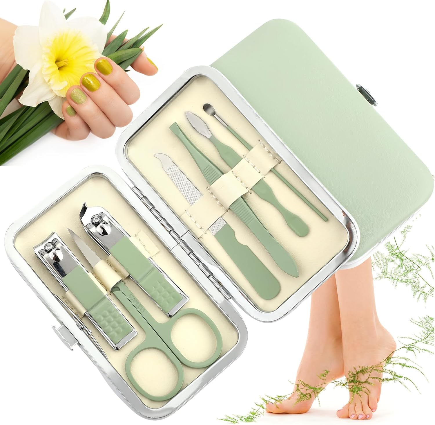 simarro Travel Manicure Set, 7 in 1 Manicure Pedicure Kit for Women, Stainless Steel Nail Clipper Personal Care Nail Tools Kit for Home Workplace Outdoor Travel(Matcha Green)-5