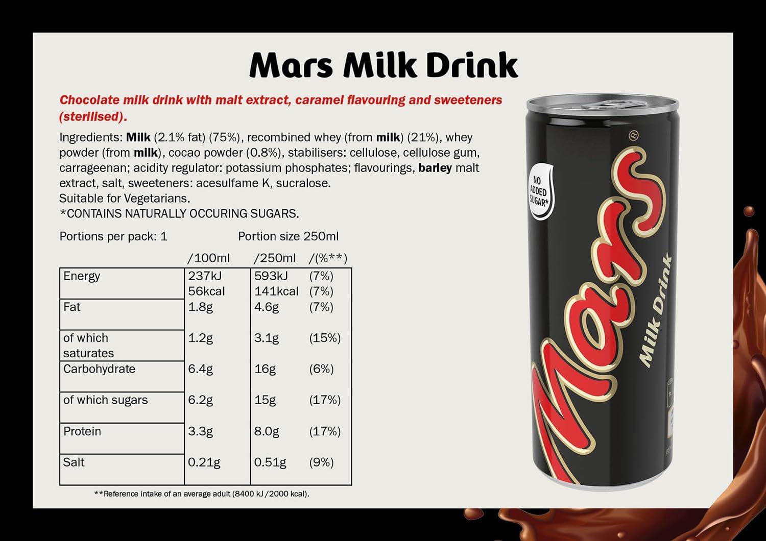 Mars Milk Chocolate Ready To Drink Can, 250ml (Pack of 12), No Added Sugar, Vegetarian-3