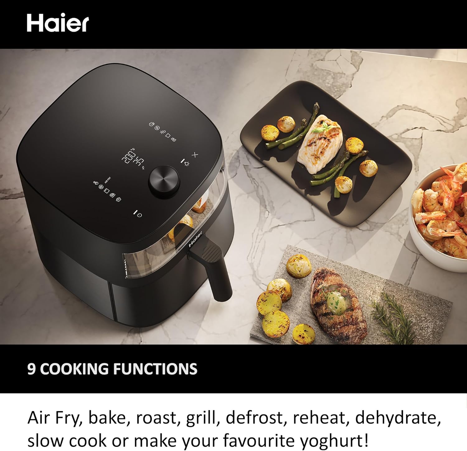 Haier Air Fryer, I-Master Series 5-9-in-1 with Accessory Set - Touch Display - Bake - Roast - Grill - Defrost - Slow Cook - Dehydrate & Yoghurt Making - 7L Capacity - Viewing Window - On App - Black-1