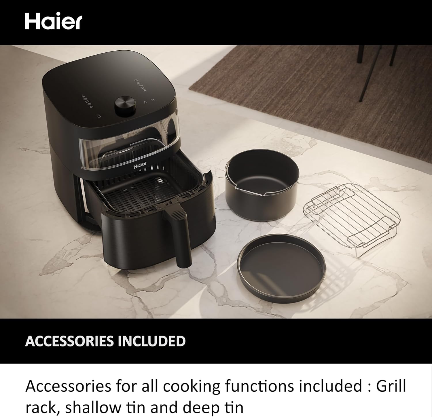 Haier Air Fryer, I-Master Series 5-9-in-1 with Accessory Set - Touch Display - Bake - Roast - Grill - Defrost - Slow Cook - Dehydrate & Yoghurt Making - 7L Capacity - Viewing Window - On App - Black-3