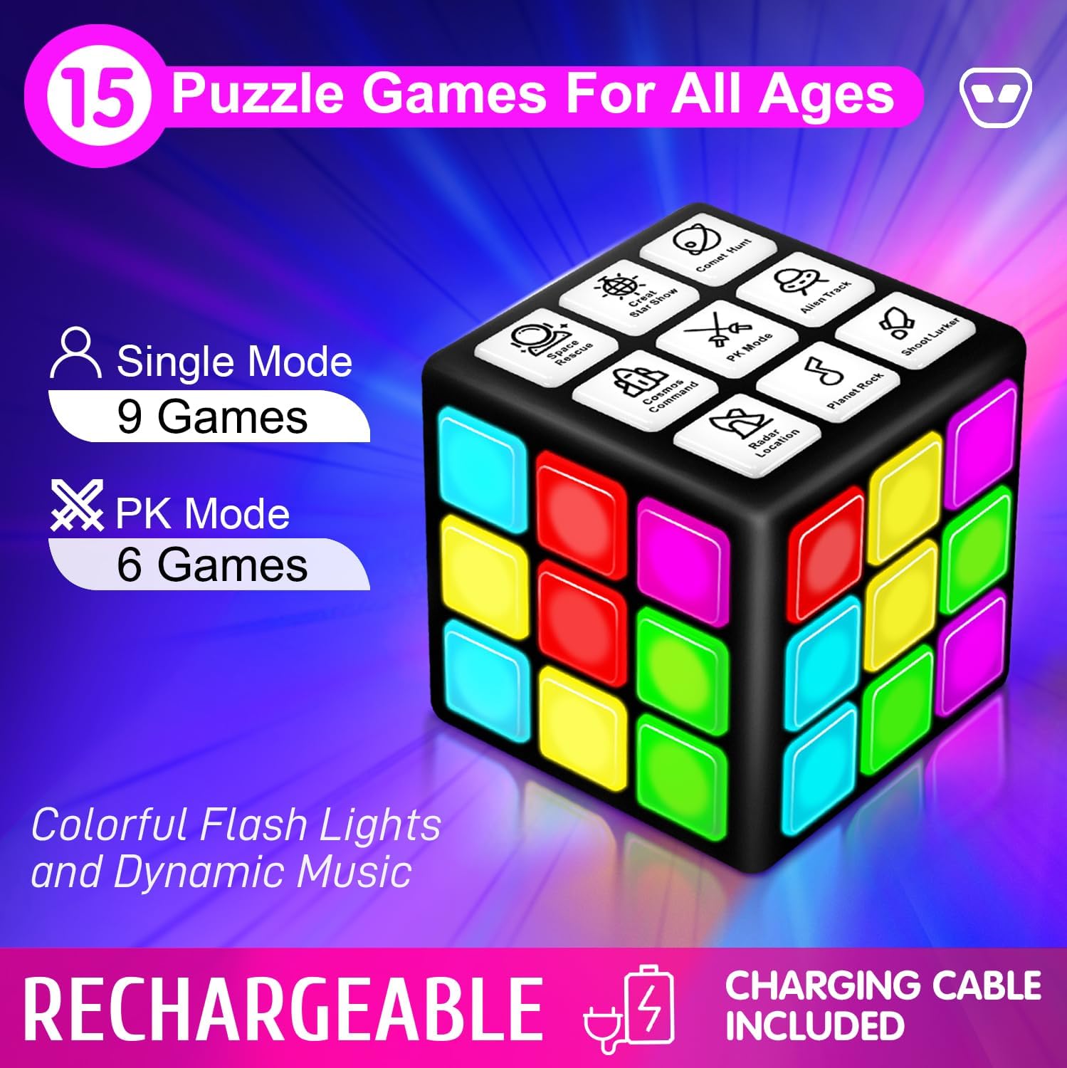 Xinbeiya Rechargeable Game Handheld Cube, 15 Fun Brain & Memory Game with Score Screen, Cool Toys for Kids, Christmas Birthday Gifts for Boys Girls Aged 6-12+ Years Old (Black)-1