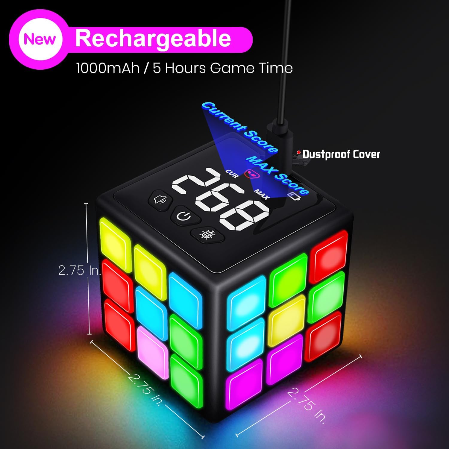 Xinbeiya Rechargeable Game Handheld Cube, 15 Fun Brain & Memory Game with Score Screen, Cool Toys for Kids, Christmas Birthday Gifts for Boys Girls Aged 6-12+ Years Old (Black)-6