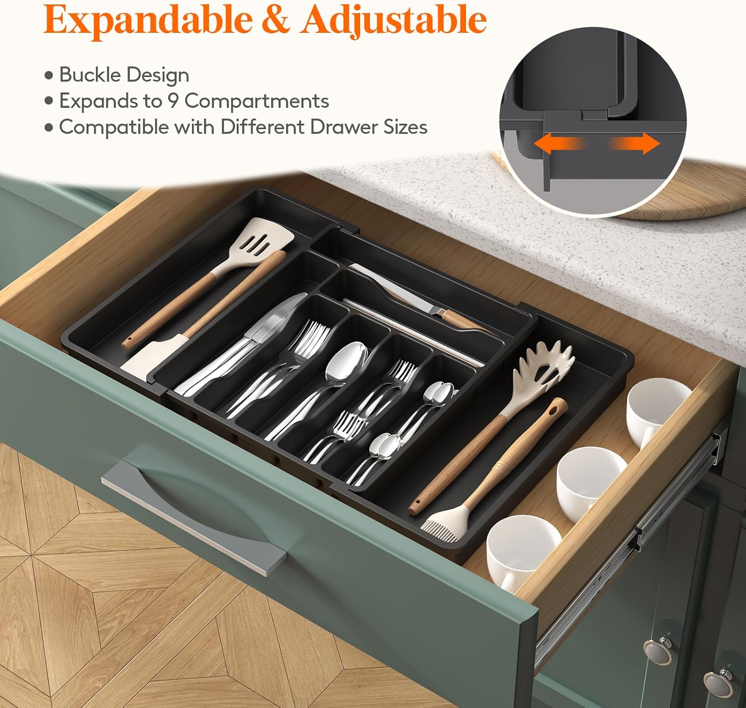 Lifewit Cutlery Drawer Organiser, Expandable Cutlery Tray for Kitchen Drawer, Adjustable Utensils and Silverware Holder, Plastic Flatware Spoons Forks Knives Holder Storage Insert, Large, Black-3