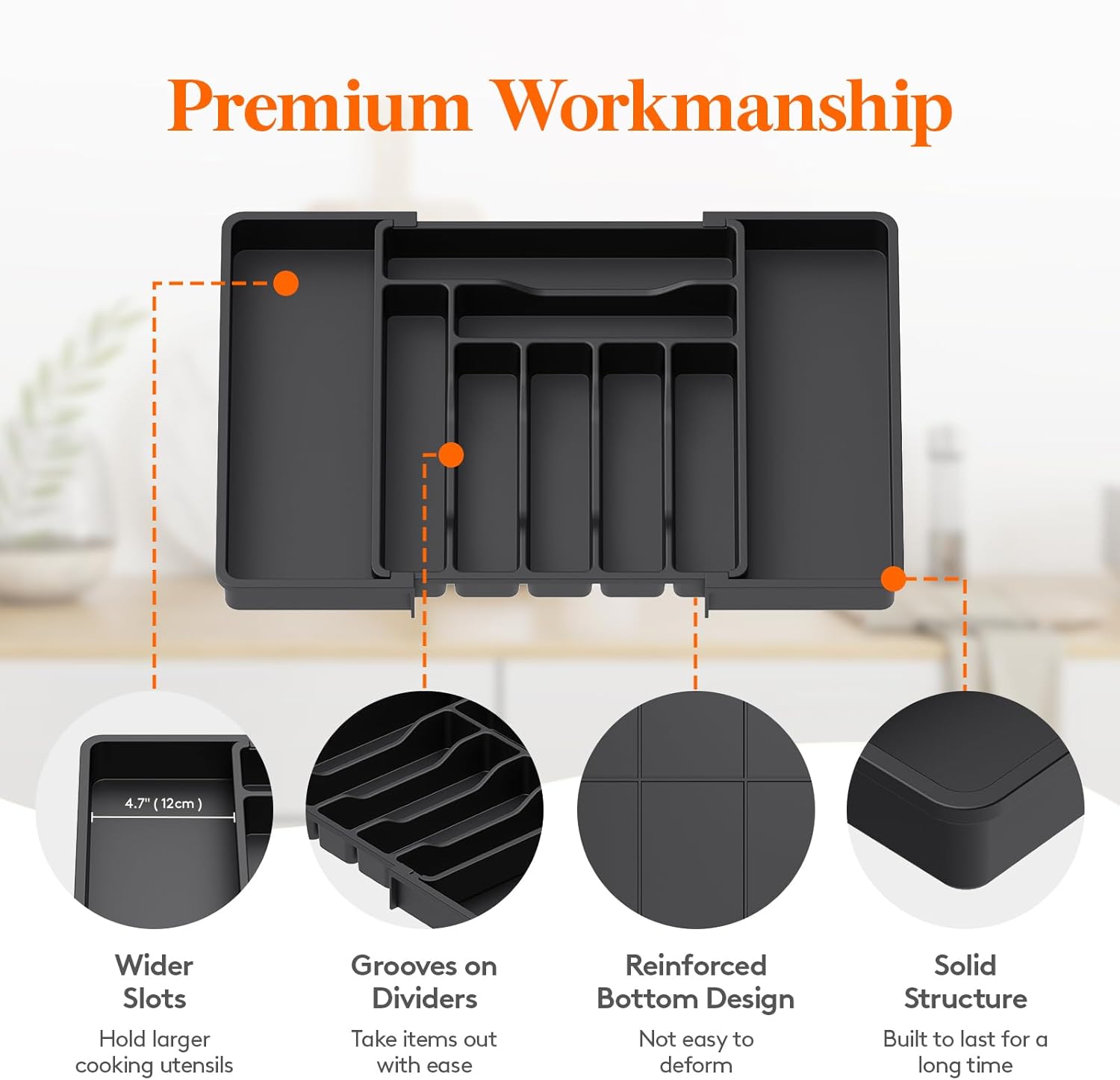 Lifewit Cutlery Drawer Organiser, Expandable Cutlery Tray for Kitchen Drawer, Adjustable Utensils and Silverware Holder, Plastic Flatware Spoons Forks Knives Holder Storage Insert, Large, Black-5