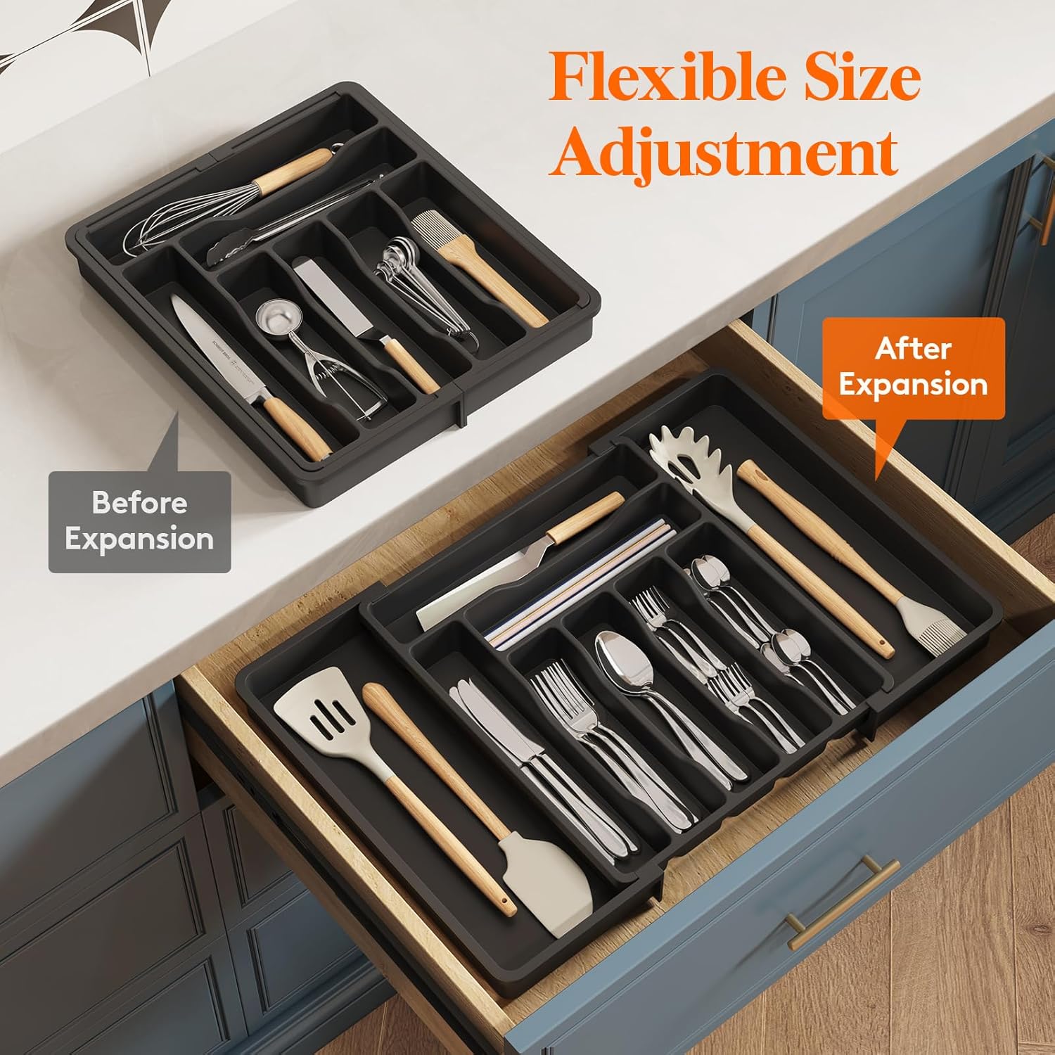 Lifewit Cutlery Drawer Organiser, Expandable Cutlery Tray for Kitchen Drawer, Adjustable Utensils and Silverware Holder, Plastic Flatware Spoons Forks Knives Holder Storage Insert, Large, Black-6