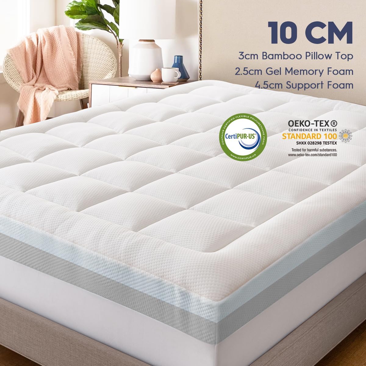 ELEMUSE Dual-layer Memory Foam Mattress Topper with Bamboo Pillow Top Cover for Back Pain Relief, with OEKO-TEX & CertiPUR-US (Double 135x190cm,10cm)-6