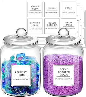 2 Pcs Glass Jars for Laundry Room Organization, 1/2 Gallon Glass Laundry Pods Container,Glass Containers with Lids Storage Labels, Suitable for Detergent Powder,Dryer balls,Scent Boosters,Laundry Room