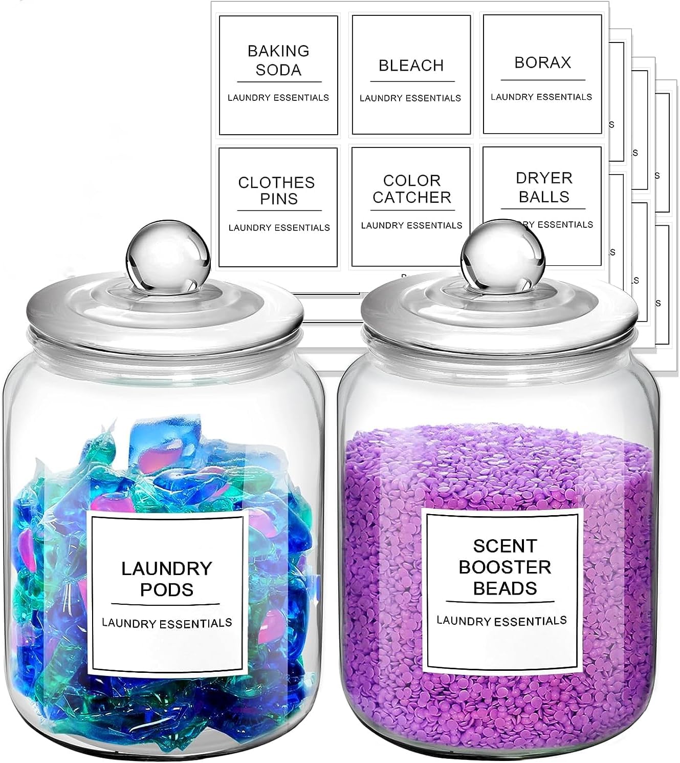 2 Pcs Glass Jars for Laundry Room Organization, 1/2 Gallon Glass Laundry Pods Container,Glass Containers with Lids Storage Labels, Suitable for Detergent Powder,Dryer balls,Scent Boosters,Laundry Room-0