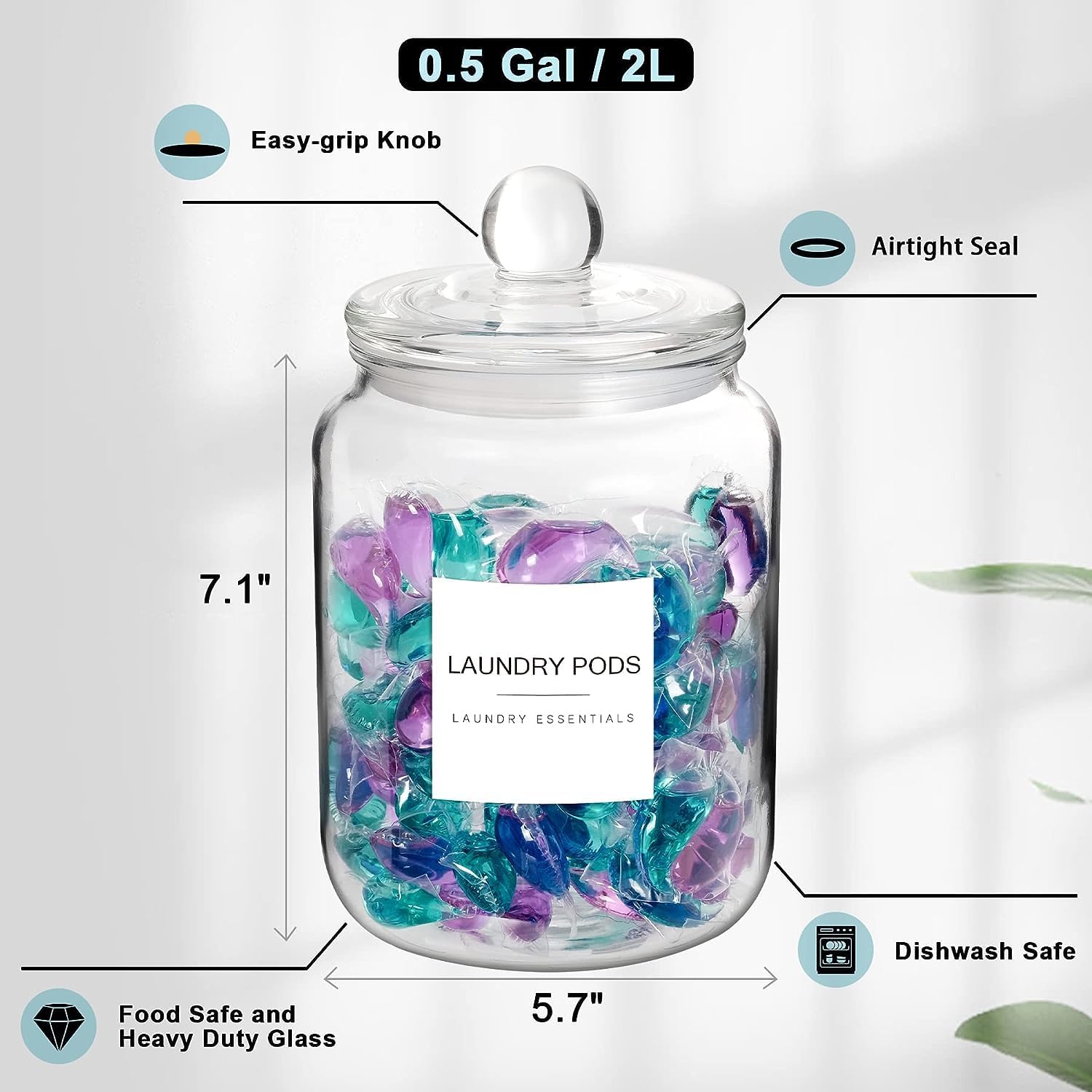 2 Pcs Glass Jars for Laundry Room Organization, 1/2 Gallon Glass Laundry Pods Container,Glass Containers with Lids Storage Labels, Suitable for Detergent Powder,Dryer balls,Scent Boosters,Laundry Room-1