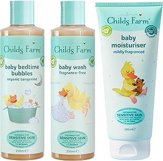 Childs Farm Baby Regime Bundle | Baby Moisturiser 200ml, Baby Wash and Baby Bubbles 250ml | Suitable for Newborns with Dry, Sensitive and Eczema-prone Skin