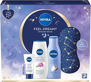 NIVEA Feel Dreamy Skincare Regime Gift Set, Women's Gift Set Includes Shower Cream, Body Lotion, Night Cream, Lip Balm, and Eye Mask, Beauty Products