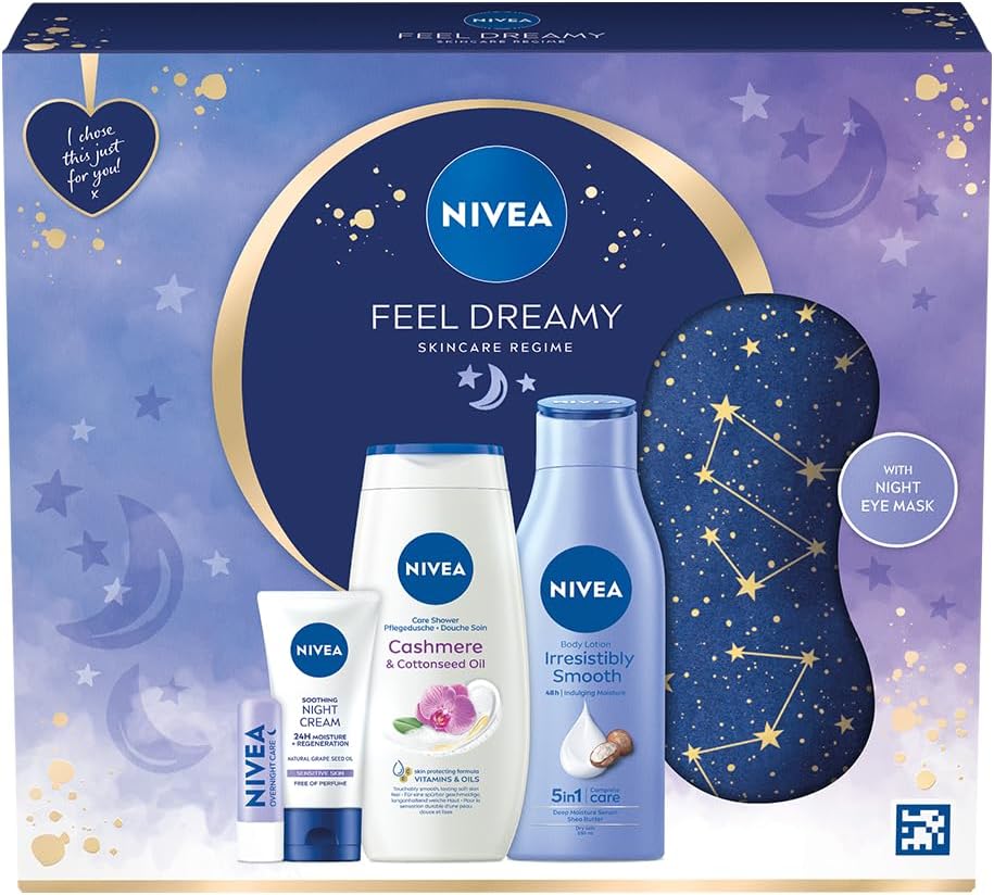 NIVEA Feel Dreamy Skincare Regime Gift Set, Women's Gift Set Includes Shower Cream, Body Lotion, Night Cream, Lip Balm, and Eye Mask, Beauty Products-0