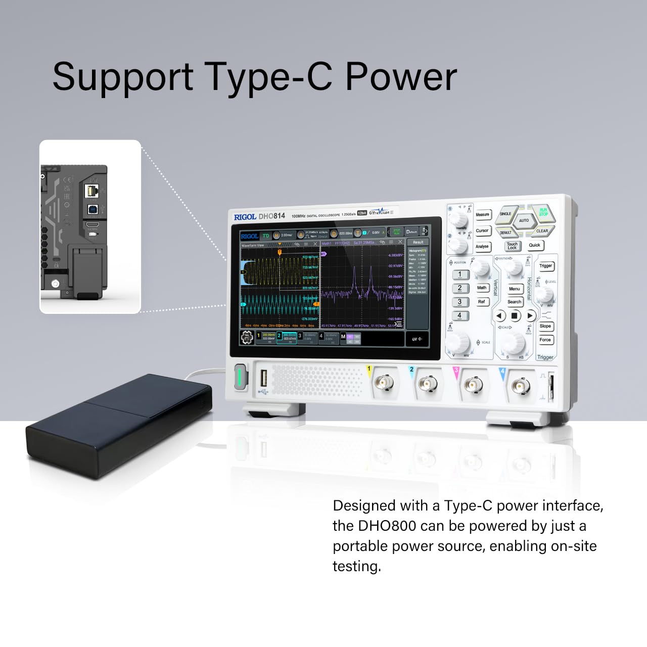 RIGOL DHO802 Portable Digital Oscilloscope, 70MHz Bandwidth, 2 Analogue Channels, 12bit Vertical Resolution, Low Noise Floor, Mobile Power Supply Supportable-3