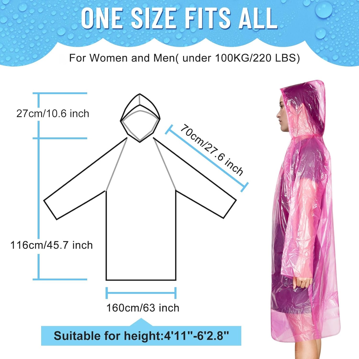 Peaken Disposable Rain Poncho 6 Pack,Clear Poncho Waterproof Adult With Hood and Sleeves for Festivals, Camping, Fishing, Theme Parks-2