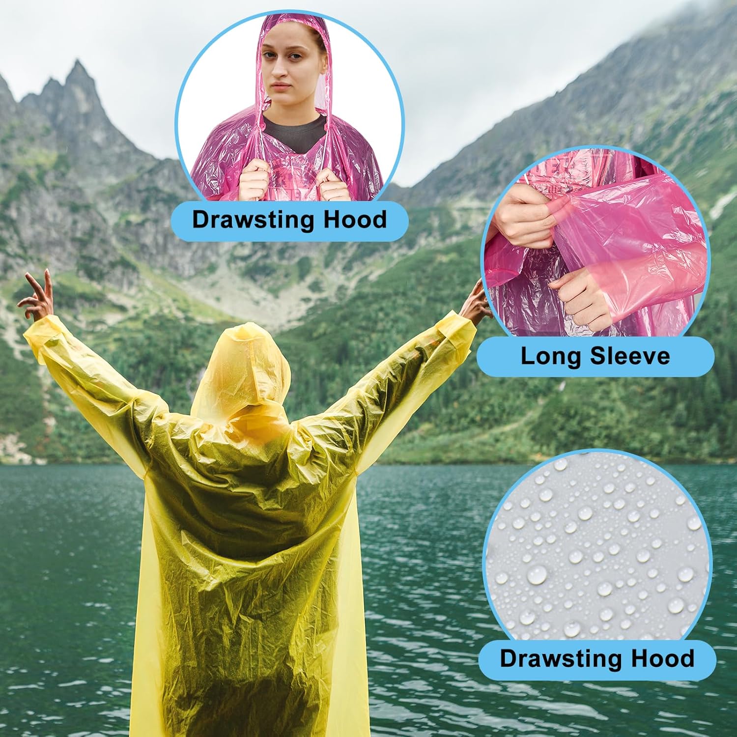 Peaken Disposable Rain Poncho 6 Pack,Clear Poncho Waterproof Adult With Hood and Sleeves for Festivals, Camping, Fishing, Theme Parks-3