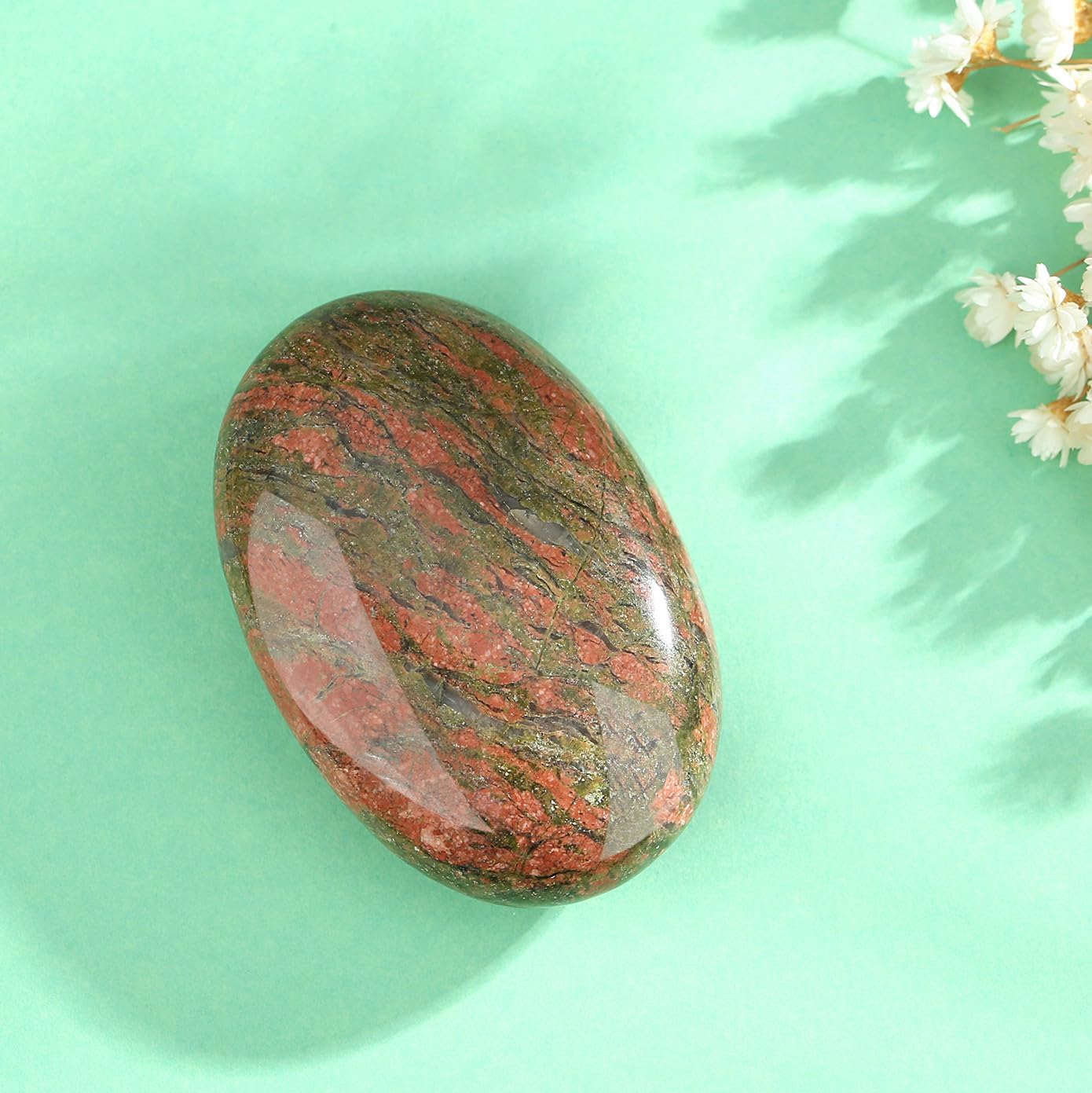 XIANNVXI 2.4" Large Unakite Crystal Stone Polished Palm Healing Gemstone 0.7" Thick Pocket Worry Stone Crystal for Massage Reiki Stress Relief Meditation Accessories 1 Pc-1