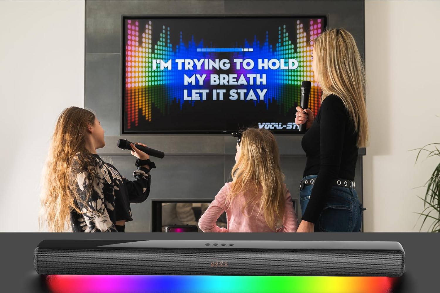 Vocal-Star Karaoke Machine, 300w Soundbar Speaker, 2 Wireless UHF Microphones, Light Effects, HDMI ARC, BT, AUX, Optical, All in One Entertainment System-1