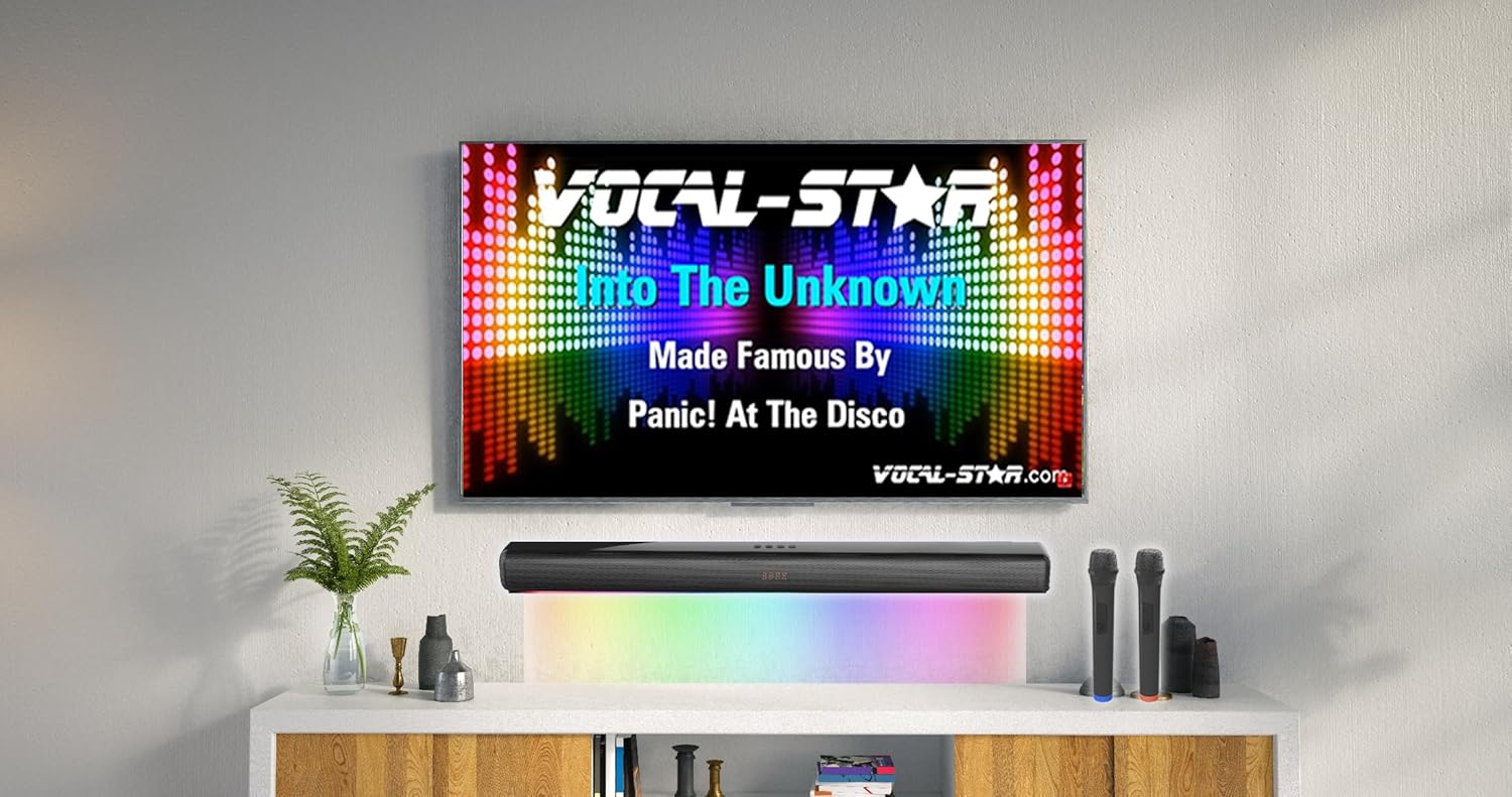 Vocal-Star Karaoke Machine, 300w Soundbar Speaker, 2 Wireless UHF Microphones, Light Effects, HDMI ARC, BT, AUX, Optical, All in One Entertainment System-3