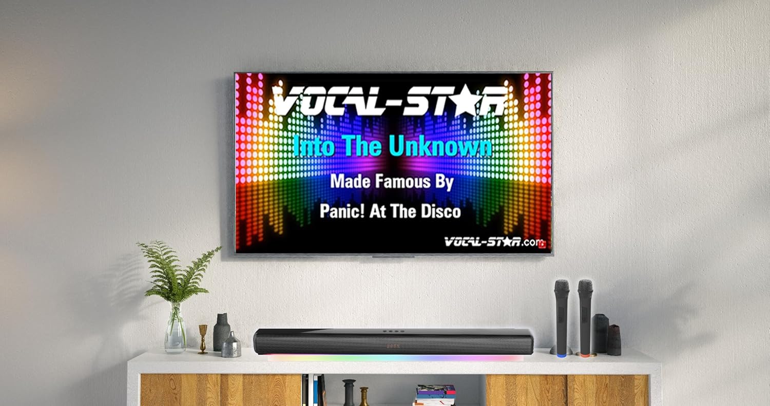 Vocal-Star Karaoke Machine, 300w Soundbar Speaker, 2 Wireless UHF Microphones, Light Effects, HDMI ARC, BT, AUX, Optical, All in One Entertainment System-5