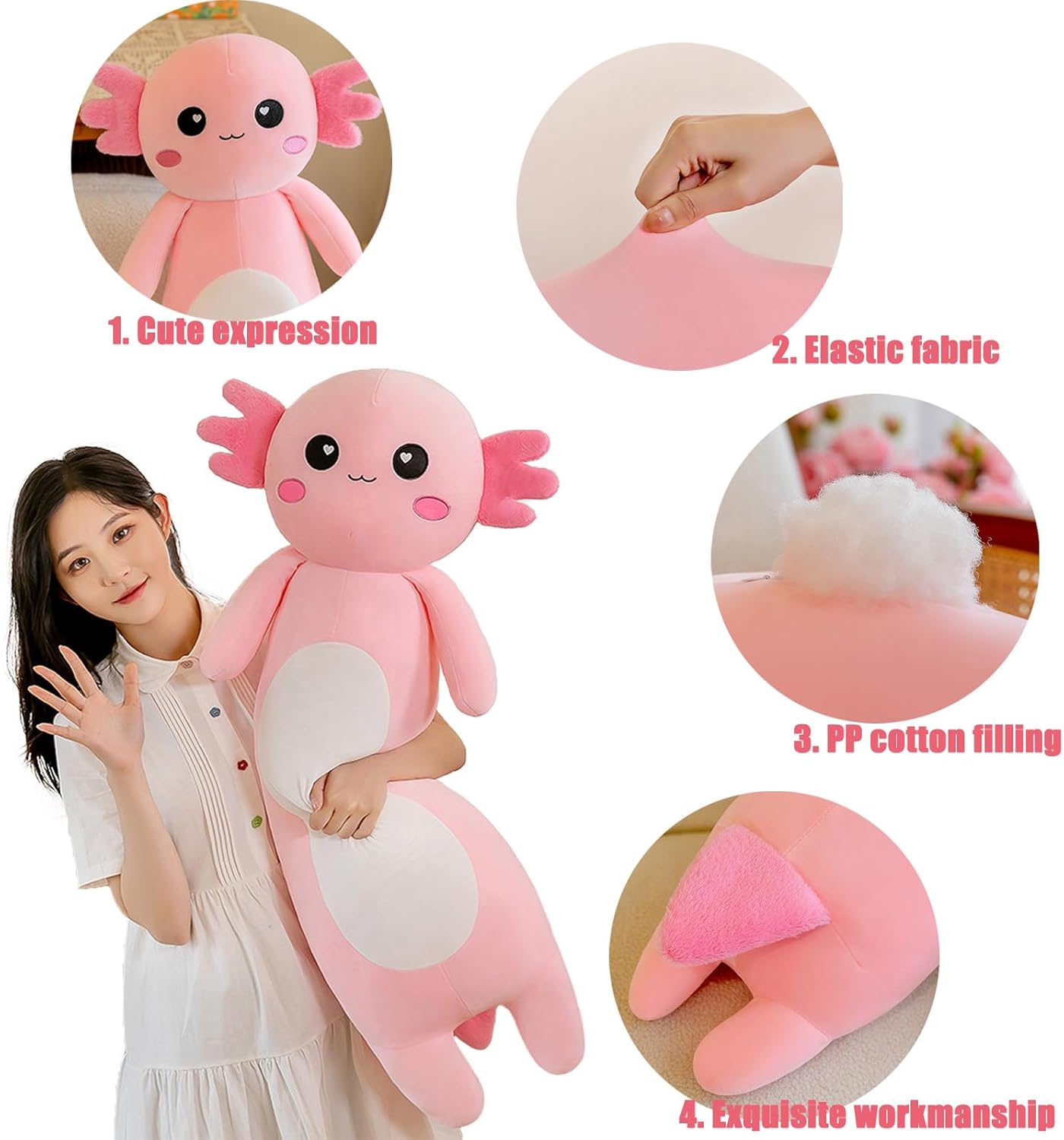 Aiuidun Long Axolotl Plush Pillow, Cute Axolotl Stuffed Animal Body Plush Soft Plushies Doll Toy for Girls Boys(65cm/25.59inch,Pink)-4