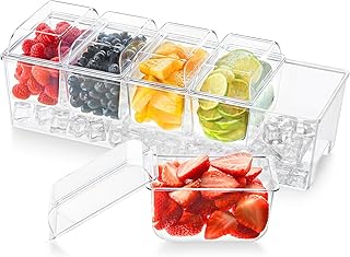 Lifewit Ice Chilled Condiment Caddy with 5 Containers, Server Tray with Lids, Serving Tray Platter with Removable Dishes Snack Box for Salad Bar, Fruit, Pizza, Fruit, Buffets, Party Accessories