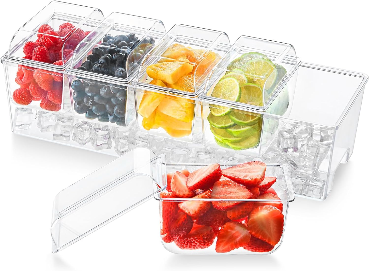 Lifewit Ice Chilled Condiment Caddy with 5 Containers, Server Tray with Lids, Serving Tray Platter with Removable Dishes Snack Box for Salad Bar, Fruit, Pizza, Fruit, Buffets, Party Accessories-0