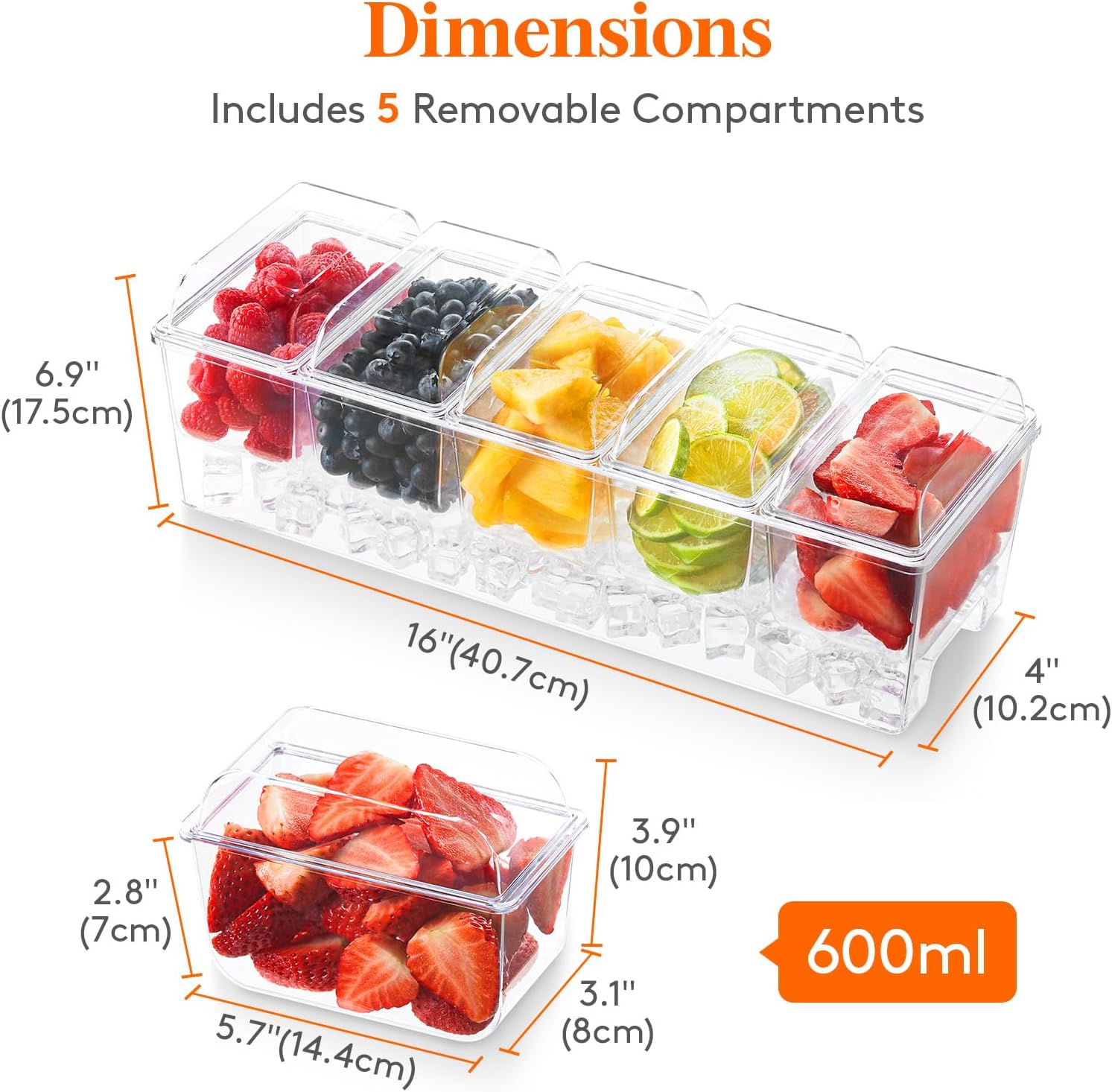 Lifewit Ice Chilled Condiment Caddy with 5 Containers, Server Tray with Lids, Serving Tray Platter with Removable Dishes Snack Box for Salad Bar, Fruit, Pizza, Fruit, Buffets, Party Accessories-3