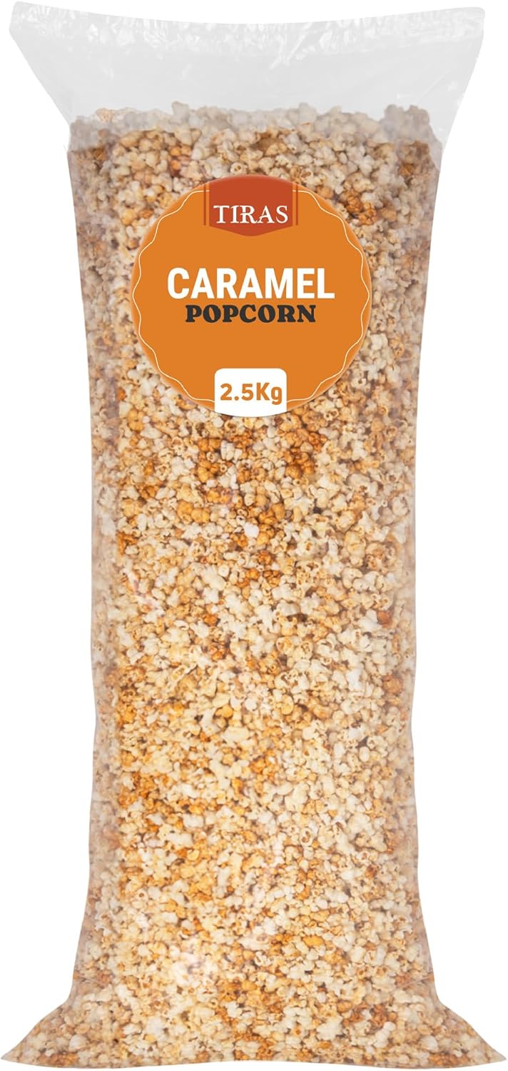 TIRAS Pre-Made Caramel Popcorn - 2.5kg Bag of Bulk Popcorn for Movie Night, Parties, Events, Home - Caramel Popcorn Bulk Bag - Peanut Free, Vegetarian - Pop Corn Large Bag (2.5kg)-0