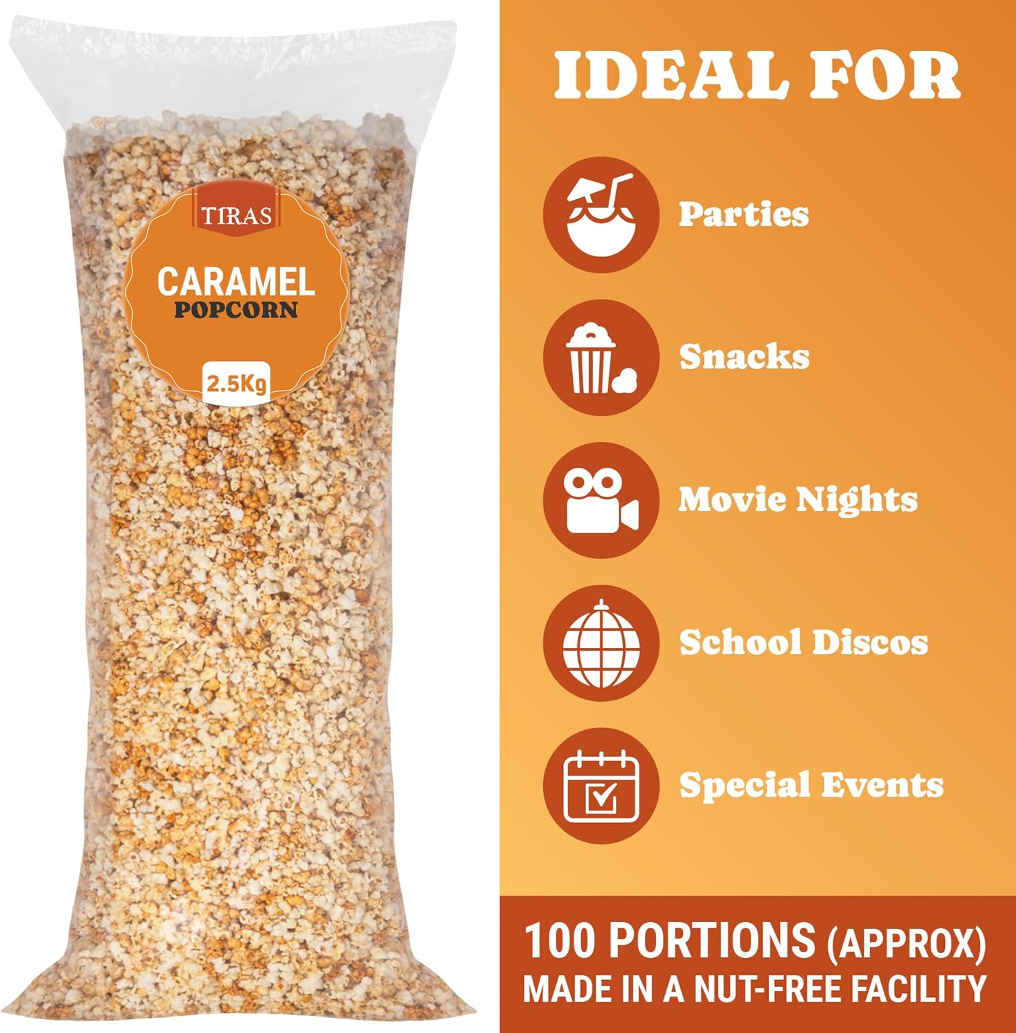 TIRAS Pre-Made Caramel Popcorn - 2.5kg Bag of Bulk Popcorn for Movie Night, Parties, Events, Home - Caramel Popcorn Bulk Bag - Peanut Free, Vegetarian - Pop Corn Large Bag (2.5kg)-1