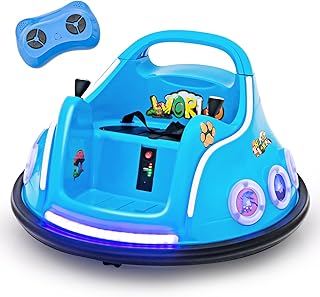 GYMAX Kids Ride On Bumper Car, 12V Children Electric Waltzer Car with Remote Control, Dual Joysticks, Music, Lights, 3 Speeds & Wireless Connection, 360° Spin Toy Car for 3-8 Years Old (Blue)