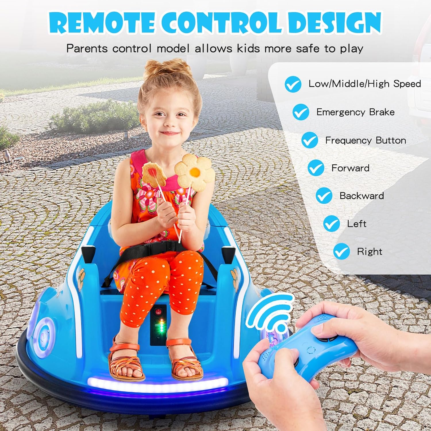 GYMAX Kids Ride On Bumper Car, 12V Children Electric Waltzer Car with Remote Control, Dual Joysticks, Music, Lights, 3 Speeds & Wireless Connection, 360° Spin Toy Car for 3-8 Years Old (Blue)-1