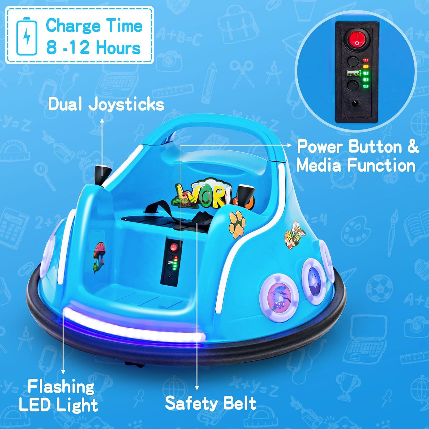 GYMAX Kids Ride On Bumper Car, 12V Children Electric Waltzer Car with Remote Control, Dual Joysticks, Music, Lights, 3 Speeds & Wireless Connection, 360° Spin Toy Car for 3-8 Years Old (Blue)-2