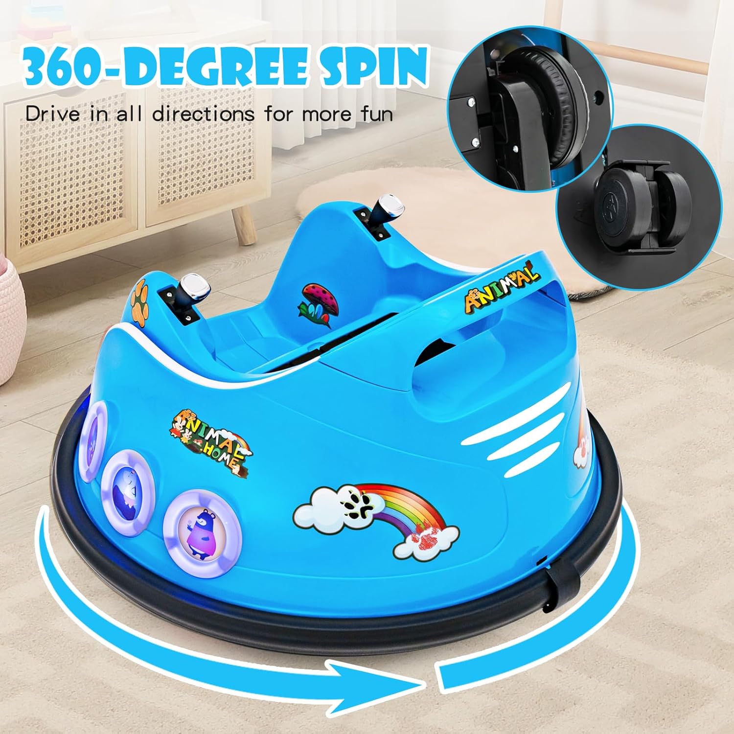 GYMAX Kids Ride On Bumper Car, 12V Children Electric Waltzer Car with Remote Control, Dual Joysticks, Music, Lights, 3 Speeds & Wireless Connection, 360° Spin Toy Car for 3-8 Years Old (Blue)-3