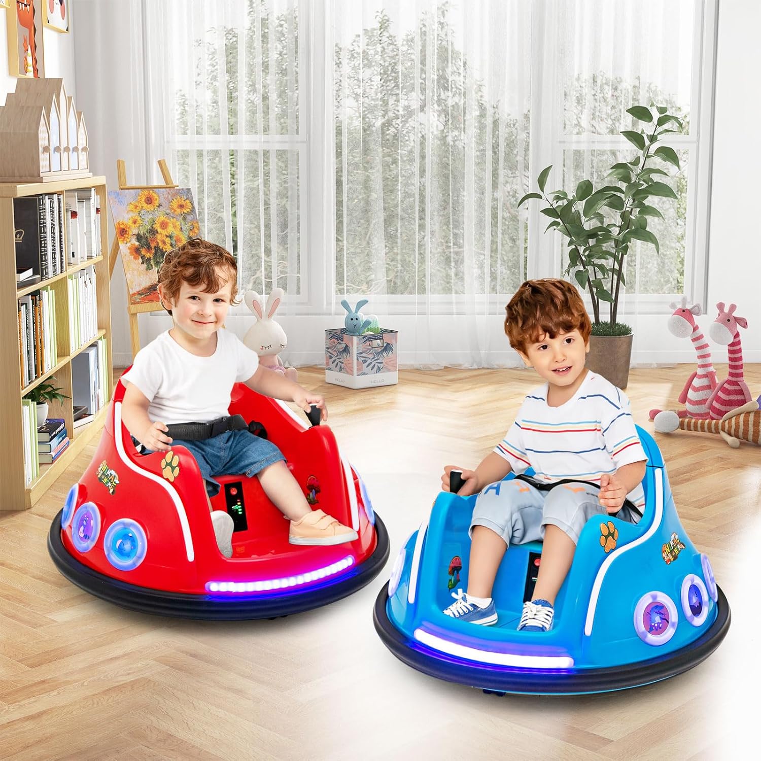 GYMAX Kids Ride On Bumper Car, 12V Children Electric Waltzer Car with Remote Control, Dual Joysticks, Music, Lights, 3 Speeds & Wireless Connection, 360° Spin Toy Car for 3-8 Years Old (Blue)-7