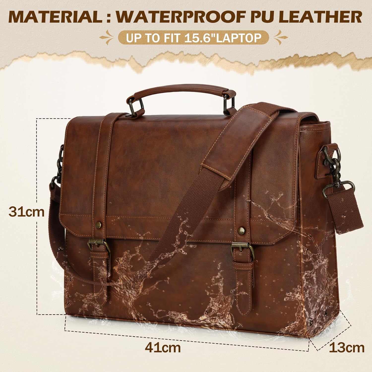 IGOLUMON Messenger Bag Waterproof Leather Laptop Bag 15.6 Inch Briefcase for Men Vintage Satchel Bag Shoulder Notebook Work Bag Brown-1