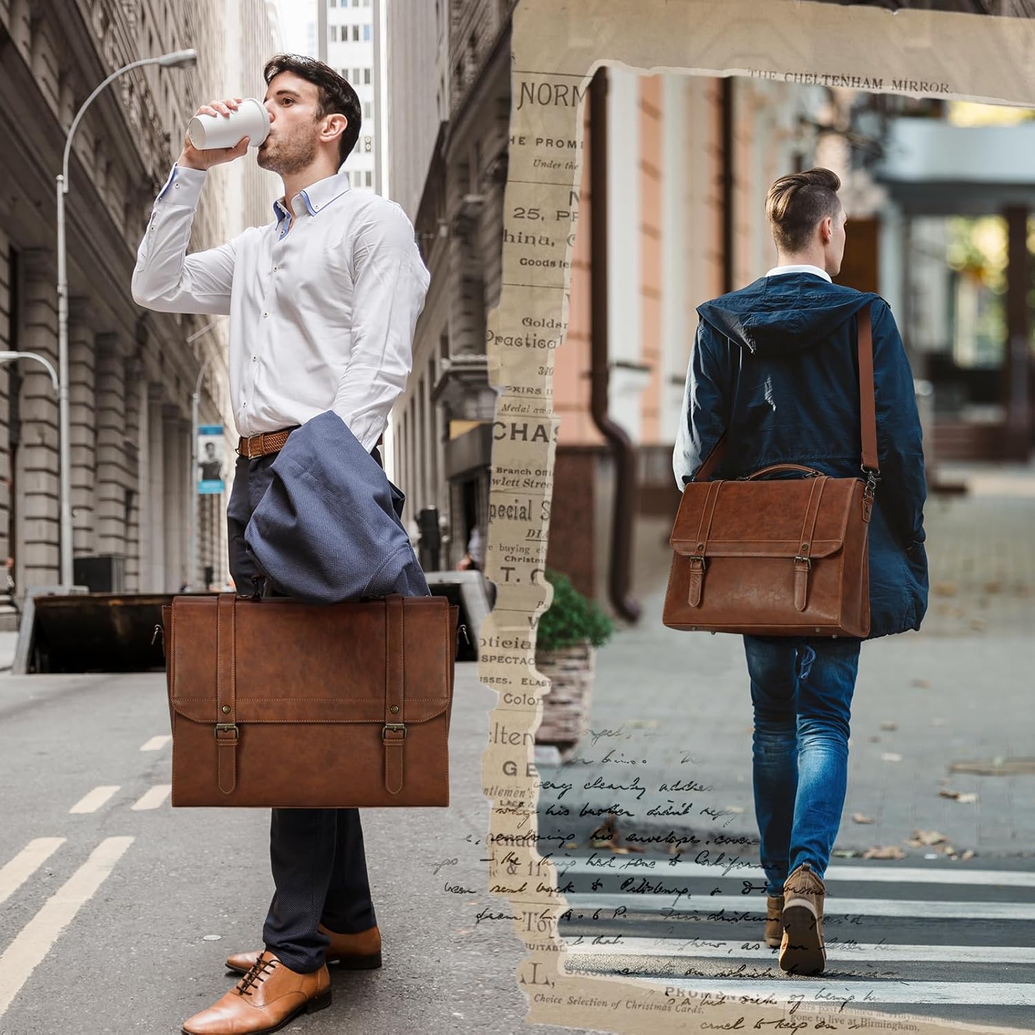 IGOLUMON Messenger Bag Waterproof Leather Laptop Bag 15.6 Inch Briefcase for Men Vintage Satchel Bag Shoulder Notebook Work Bag Brown-5