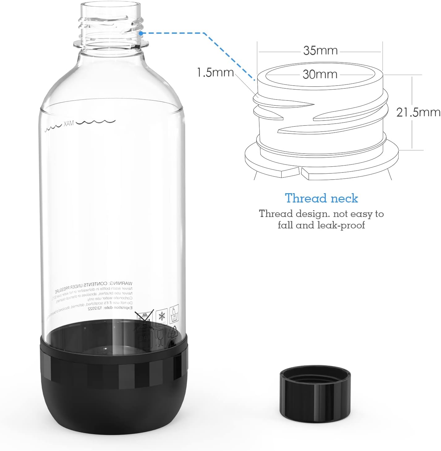 Mycket Soda Maker Bottles, Carbonating Bottles, 1L BPA Free Reusable PET Sparkling Water Bottles for Soda Machine, 2 Pack, Black&White-5