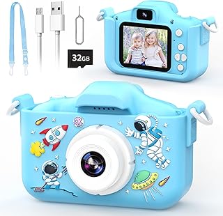 YunLone Kids Camera 12MP Astronaut Selfie Digital Camera for Kids Children 1080P Video Cam with 2” IPS, 32GB Card, 8X Zoom, Spaceman Kids Camera Toy Gift for Boys Girls 3 4 5 6 7 8 9 10 Years – Blue